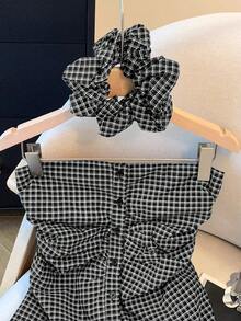 Franclia Women's Casual Plaid Print Ruched Bandeau Top With Hair Scrunchie - Black and White - View 3