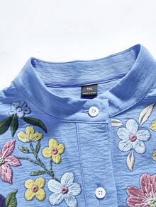 Rusticease Blus Ukuran Besar Warna Biru dengan Kerah Tegak dan Lengan 3/4, Elegan untuk Kantor, Musim Gugur/Musim Dingin 2026 - Biru - View 3