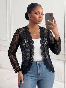 SHEIN Lady Jaqueta Fina de Manga Longa Elegante de Cor Sólida Transparente de Renda Plus Size - Preto - Visão 1