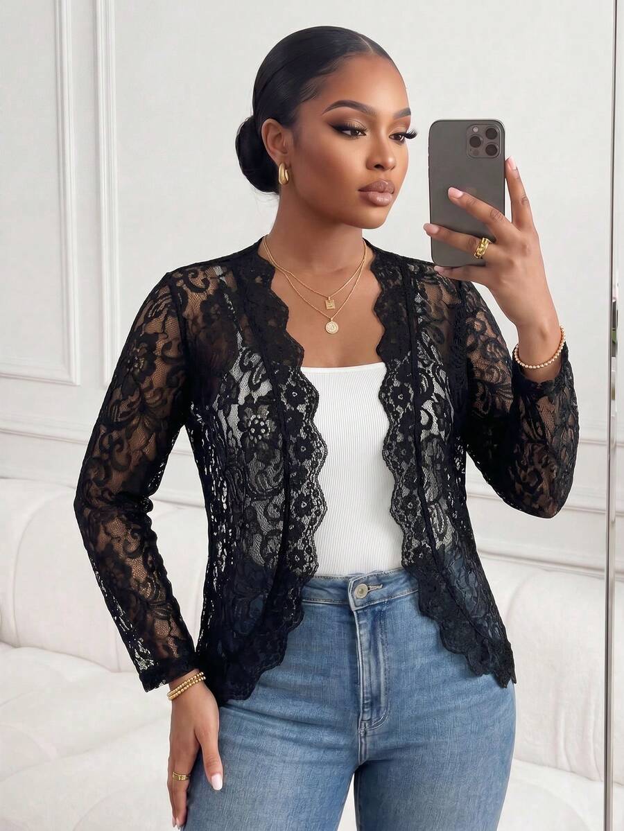 SHEIN Lady Jaqueta Fina de Manga Longa Elegante de Cor Sólida Transparente de Renda Plus Size - Preto - Visão 1