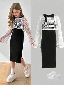 SHEIN Serisse Kids Tween 女童纯色针织窄肩修身长款休闲连衣裙 + 宽松网纱罩衫 2 件套，黑色，通勤，学院风，淑女，甜美酷炫少女，潮流街头服饰 - 黑色 - 查看 2