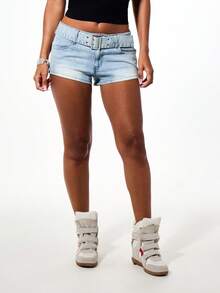 BABYPHAT Quần short denim cạp thấp có thắt lưng, ống quần xắn gấu, phong cách đường phố thường ngày mùa hè, lễ hội. - Màu xanh lam - Xem 4