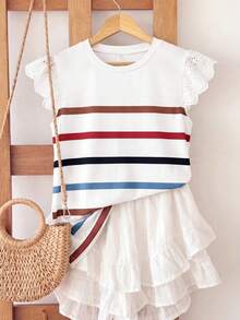 SHEIN LUNE Women's Plus Size Round Neck Striped Contrast Lace Slim Fit Fashion T-Shirt - Multicolor - View 6