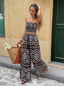 SHEIN Frenchy Women's Retro Contrast Color Fitted Tube Top And Loose Pants 2 Pieces Set - Brown - View 6