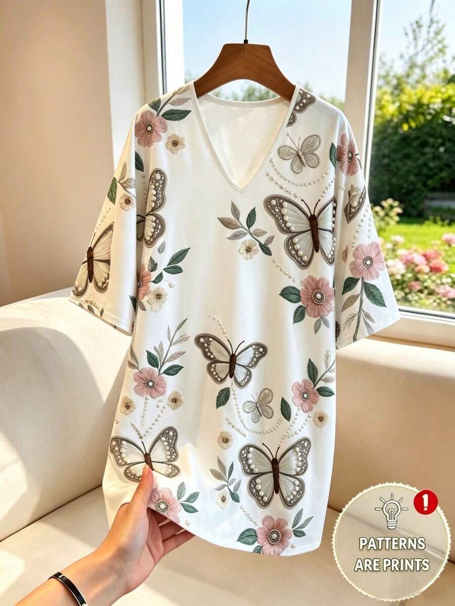 SHEIN Franclia 女士短款V领连衣裙,宽肩设计,中袖,不对称红色线条定位印花,质感棉质面料,休闲宽松度假沙滩风 - 彩色 - 查看 1