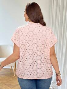 Rosumi Plus Size Women's Summer Elegant Pastel Pink Floral Embroidery Ruffle Collar Blouse,Everyday Casual Boho Hollow-Out Top,Vacation Country Style Shirt - Dusty Pink - View 3
