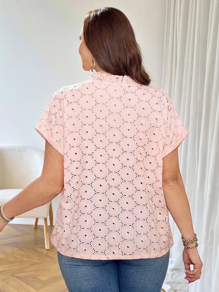 Plus Size Women's Summer Elegant Pastel Pink Floral Embroidery Ruffle Collar Blouse,Everyday Casual Boho Hollow-Out Top,Vacation Country Style Shirt