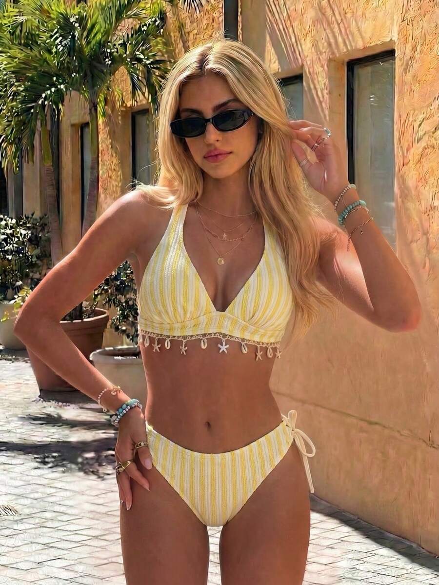 Swim Vcay 女款 2 件組白色紋理花卉三角比基尼套裝,波西米亞熱帶性感細肩帶泳衣,貝殼海星吊飾,夏季度假海灘 - 黃色 - 查看 1