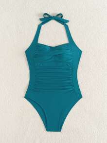 SHEIN Swim Women's Solid Color Ruched Halter One-Piece Swimsuit - Blue - View 5