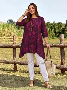 EMERY ROSE Plus Size Floral Print Casual Shirt With Pockets, Round Neck,Summer Vacation, Autumn,Fall - Red Violet - View 4