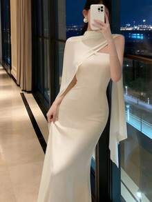 Feyla Vestido de verano elegante de mujer con parches de malla y dobladillo de cola de pez en la cintura - Blanco - Ver 3