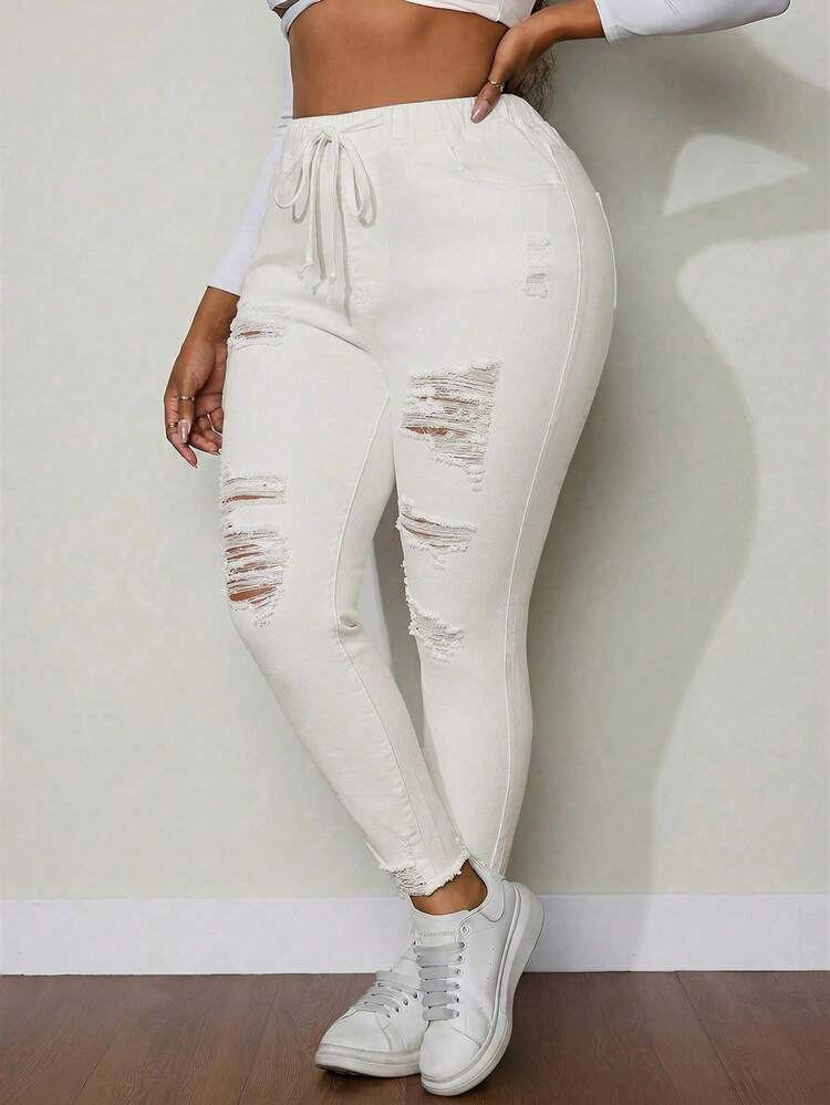 SHEIN SXY Plus Size Women Drawstring Waist Ripped Skinny Casual Jeans - Beige - View 4
