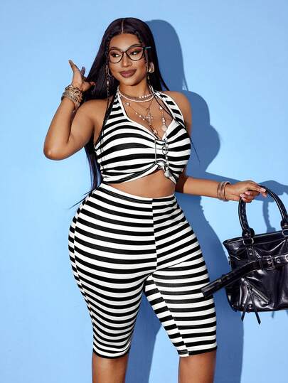 Maweii Plus Size Halter Classic Striped Sexy Backless Crop Top & Shorts Set