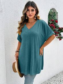 EMERY ROSE Plus Size Women Summer Casual V-Neck Short Sleeve T-Shirt - Green - View 5