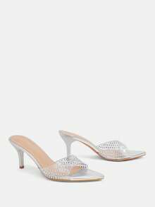 CUCCOO TILAWA Moda para mujeres, sandalias de tacón alto para mujeres, plateadas, material de TPU con pedrería, puntiagudas, para ir al trabajo, cómodas, para interiores, oficina, calle, fiesta, viajes, vacaciones, primavera y verano, adecuadas para vestidos, jeans, shorts, pantuflas de tacón de aguja - Plateado - Ver 3
