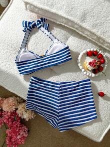 Swim Mod Women's Cute Vacation Pink Striped Halter Swimwear Set - Blue - View 2