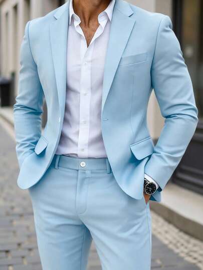 Manfinity Mode Men's Business Casual Light Blue,Summer,Elegant,Bridesmaid,Wedding Guest Single-Breasted Blazer And Pants Set,Notched Lapel Groom Suit For Ceremony