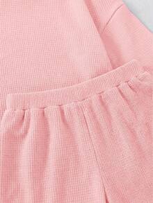 SHEIN LMoss Kids 两件套女童针织纯色圆领宽松T恤和修身短裤套装 - 粉色 - 查看 3