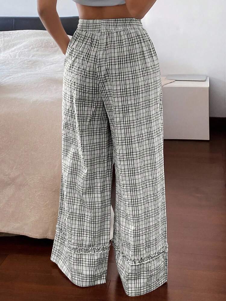 Plaid Ruffle Trim Loose Wide Leg Long Pajama Pants For Women
