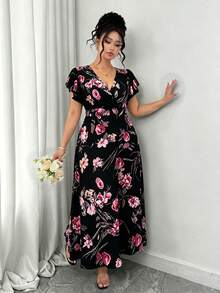 SHEIN Elenzya Plus Size Women Floral Print Ruffle Sleeve Casual Vacation Dress - Black - View 3