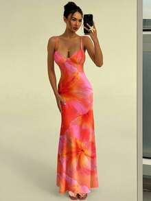 SHEIN PETITE CURVE Vestido de mujer talla grande con tirantes finos y nudo delantero, con estampado sexy de hibisco naranja, adecuado para uso en verano, con vibra hawaiana, ideal para la playa, la piscina, fiestas en resorts y cruceros. Vestido de mujer con estampado floral pequeño, atuendo de vacaciones de verano, perfecto para Coachella y festivales de música de verano - Naranja - Ver 3