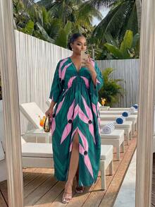 SHEIN CURVE+ Plus Size Women's Vacation Green Plant Print 3/4 Sleeve Dress - Multicolor - View 6