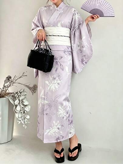 Irokai Traditional Japanese Floral Print Yukata Kimono 2 Piece Set, For Summer Festival Japanese Women's Traditional Floral Print Purple Yukata Bowknot Yukata (Modified Japan Style Kimono Robe), Easy Wearing