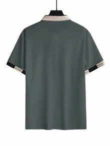 Manfinity Homme 男士珠飾刺繡羅紋領短袖休閒 Polo 衫，正式款 - 深灰色 - 查看 3