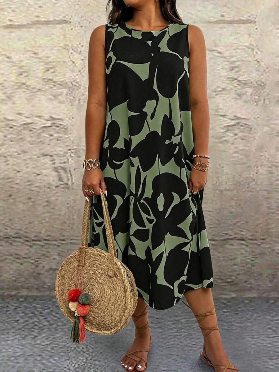Linhara CURVE Plus Size Sleeveless Round Neck Colorblock Print Loose Summer Dress Beach Vacation Sage Green Safari - Green - View 1