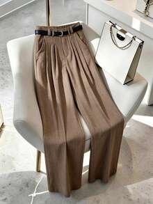 SHEIN Franclia Pantalones anchos casuales y sueltos con bolsillos para mujeres, con decoración de cinturón en la cintura, diseñados para mujeres, adecuados para negocios, oficina, uniforme de maestro, uso casual versátil de moda, pantalones anchos para ir y venir, aptos para primavera, verano y otoño - Marrón - Ver 6