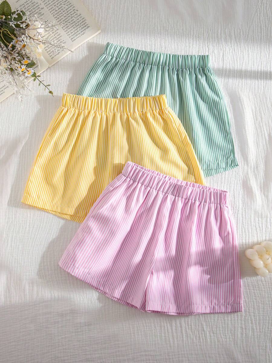 SHEIN 3件套少女条纹休闲短裤套装 - 彩色 - 查看 1