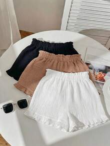 Comfortcana Set 3 Potong Celana Pendek Wanita Kasual Warna Polos dengan Tekstur dan Detail Ruffle di Bagian Bawah - MultiWarna - View 2