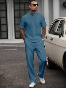Manfinity CasualCool Conjunto de camisa de manga corta y pantalones de unicolor para hombre - Neblina azul - Ver 5