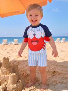 SHEIN Infant & Toddler Crab Print Short Sleeve T-Shirt & Shorts Swimsuit Set - Multicolor - View 7