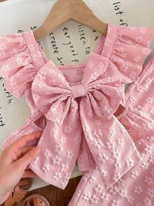 2 Pieces Baby Girl Summer Casual Color-Blocked Ruffled Shirt And Trousers Set - Baby Pink - View 9