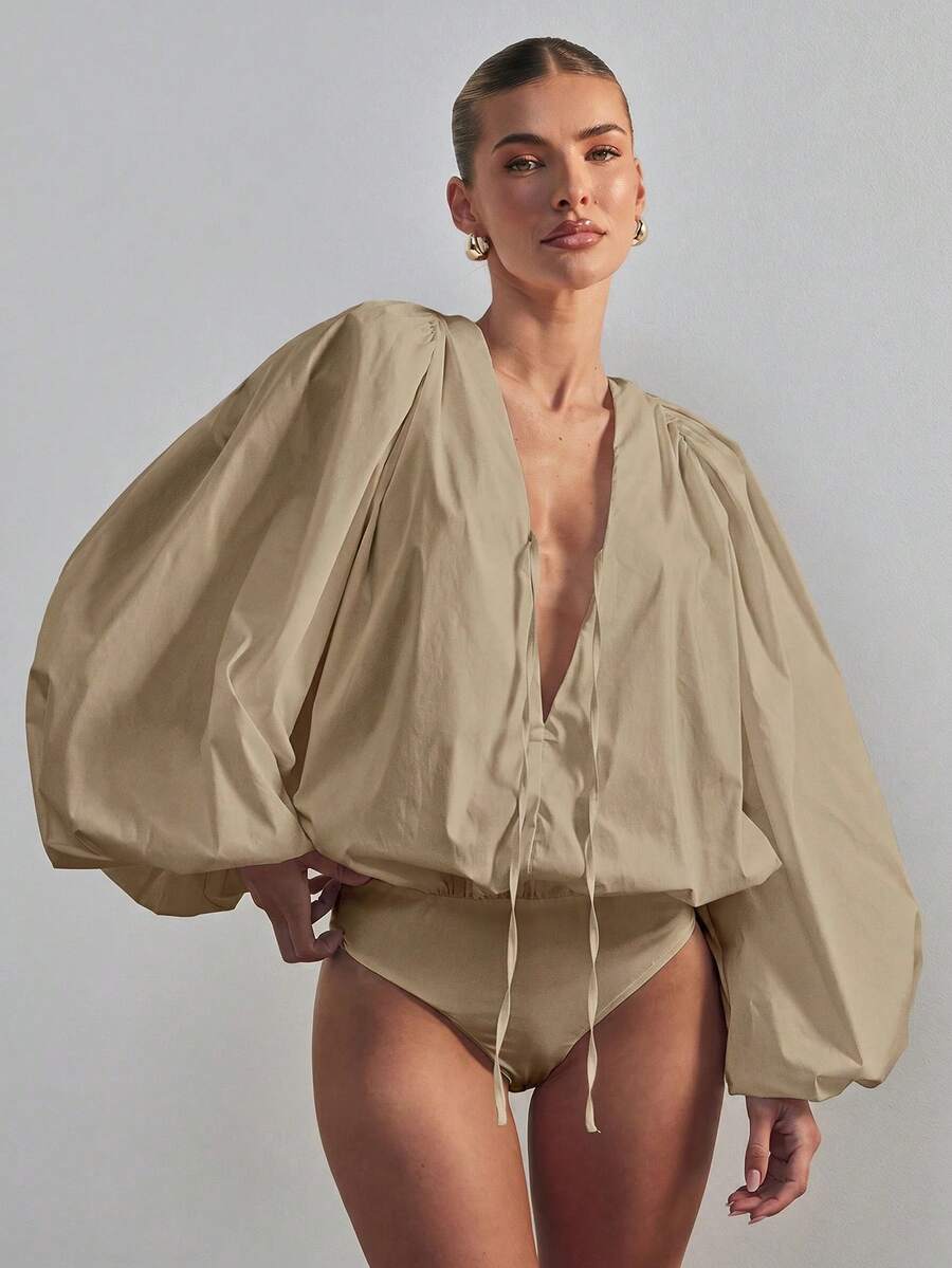 Hauture 女士蓬蓬长袖V领连体衣性感办公服 - 米色 - 查看 1