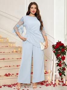 Reflora Plus Size Asymmetric Twist Embroidered Patchwork Sleeve Shirt And Casual Elegant Loose Pants 2 Pieces Set Wedding Light Blue Autumn - Baby Blue - View 2