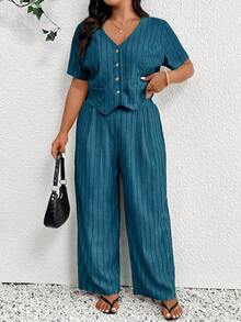 SHEIN Frenchy Plus Size Spring/Summer Casual Minimalist Versatile Striped 2 Pieces Suit Set, Women Blazer + Pants In Fall/Winter - Teal Blue - View 6