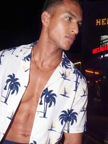 Manfinity KASUA Men's Simple And Fashionable Beach Outfit - Short Sleeve Shirt And Shorts, Suitable For Summer Man Swim Trunks, Hawaiian, Men 2 Piece Set Vacation, Men Beach Outfit Set, Men Resort Wear, Men S Palm Tree Shirt, Men Tropical Print Shirt - Blue and White - View 4