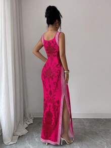 SHEIN Elenzya Exquisite Printed Chinoiserie Waist-Cinching Slit Luxurious Retro Middle Eastern UAE Style Robe, Tight Fit, Multi-Color, Sleeveless - Hot Pink - View 2