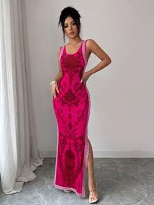 SHEIN Elenzya Exquisite Printed Chinoiserie Waist-Cinching Slit Luxurious Retro Middle Eastern UAE Style Robe, Tight Fit, Multi-Color, Sleeveless - Hot Pink - View 4