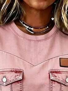EMERY ROSE Women's Casual Summer Top, Fashion Versatile Denim Effect Pink Short Sleeve T-Shirt - Multicolor - View 4
