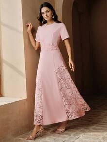 Anewsta Women's Elegant Modern Minimalist Round Neck Water-Soluble Lace Patchwork Waist Ruffle Trim Pink Short Sleeve Dress, Spring/Summer - Pink - View 7