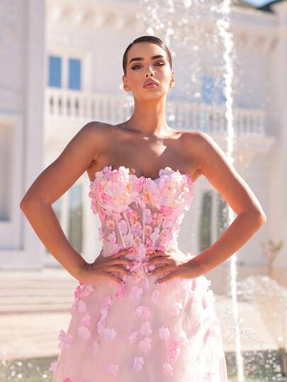 Glamrae Elegant Romantisk 3D Blommig Tyg Axelbandslös Midja Transparent Sjöjungfru Fåll Rygglös Knytdetalj A-linjeformad Maxi Aftonklänning