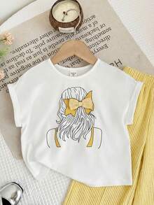 SHEIN LMoss Kids 2 Stücke Kleine Mädchen Strick Einfarbiges Rundhals T-Shirt und Lässige Hose mit Schmetterling Dekor Set - Gelb - Übersicht 4