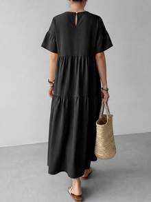 EMERY ROSE Women's Solid Color Round Neck Ruffle Hem Long Sleeve Dress Vacation Black Summer Casual - Black - View 2