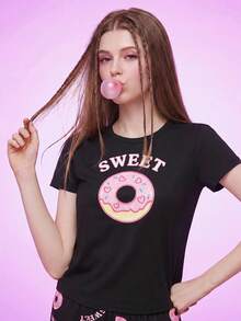 Notgurli Cartoon Doughnut Printed Short Sleeve And Long Pants Pajama Set For Spring/Summer - Black - View 3