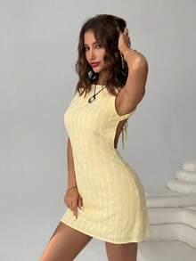 SHEIN EZwear 女士时尚百搭条纹露背性感连衣裙 - 鵝黃色 - 查看 7