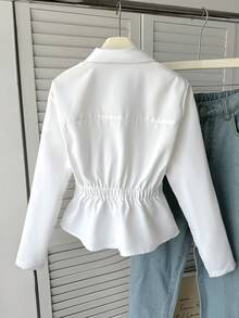 SHEIN Kids Tween Girls' Elegant All White Winter Casual Graduation Back-To-School Lapel Button Front Asymmetric Hem Ruched Blouse Top Fitted Shirt - White - View 2