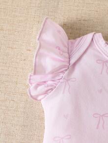 SHEIN 3件組 新生女嬰夏季粉色蝴蝶結印花連身衣與內褲，附髮帶，面料寬鬆舒適易穿脫 - 紫色 - 查看 8